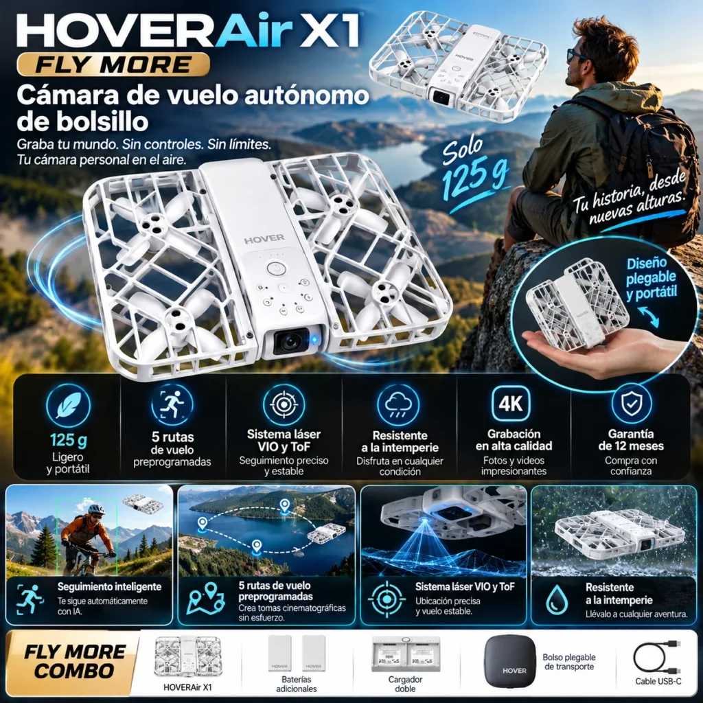 HOVERAir X1 - Fly More Cámara de vuelo autónomo de bolsillo - Fly More Combo 125 g Ligero 5 rutas de vuelo preprogramadas Sistema láser VIO y ToF Resistente a la intemperie Garantía de 12 meses Bolso plegable Drones de grabación electrónica - plegable., foto 1