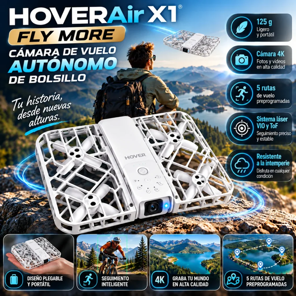 HOVERAir X1 - Fly More Cámara de vuelo autónomo de bolsillo - Fly More Combo 125 g Ligero 5 rutas de vuelo preprogramadas Sistema láser VIO y ToF Resistente a la intemperie Garantía de 12 meses Bolso plegable Drones de grabación electrónica - plegable., foto 2