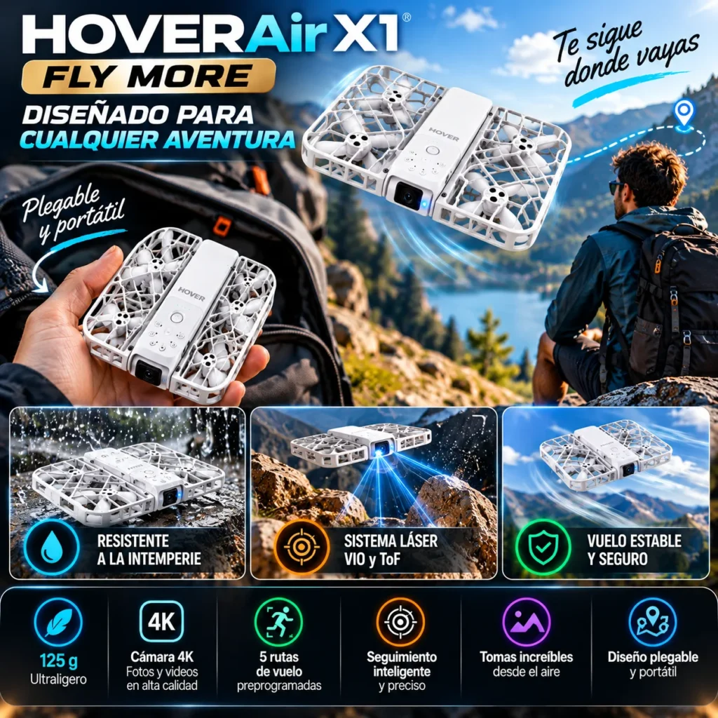 HOVERAir X1 - Fly More Cámara de vuelo autónomo de bolsillo - Fly More Combo 125 g Ligero 5 rutas de vuelo preprogramadas Sistema láser VIO y ToF Resistente a la intemperie Garantía de 12 meses Bolso plegable Drones de grabación electrónica - plegable., foto 6